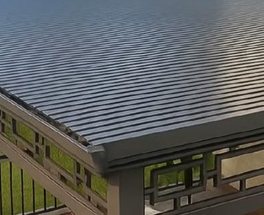 Pergola-style roof with a ribbed panel top and lattice frieze